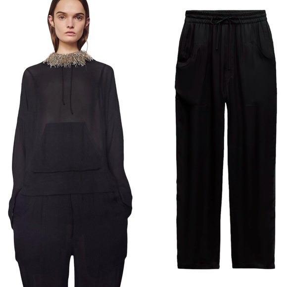 ZARA NWT Black Flowy Cargo Pants Trouser 100% Bamboo Fiber with Lining XS-S - Picture 9 of 9